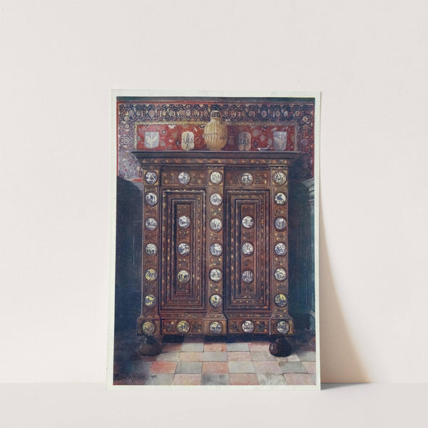 Walnut kas inlaid and with painted medallions of Delft ware by Edwin Foley