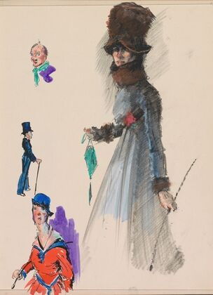 Wandelende vrouw in een met bont afgezette mantel met bontmuts (1917-1919)