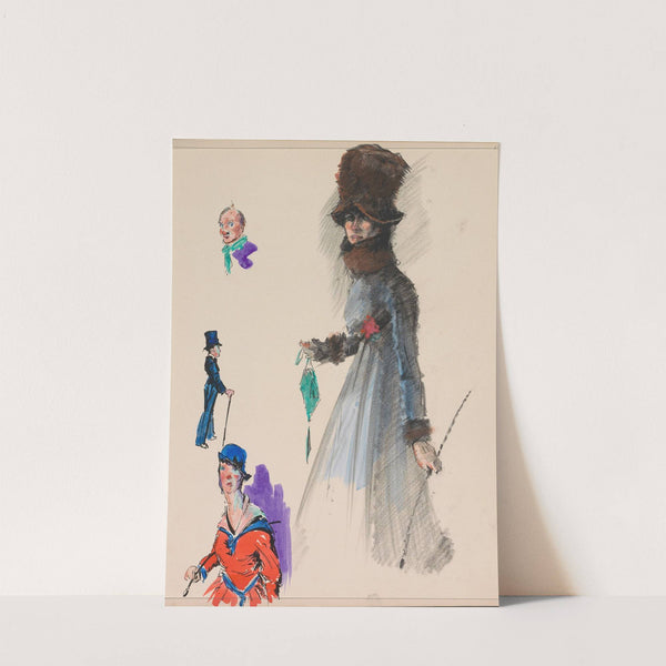 Wandelende vrouw in een met bont afgezette mantel met bontmuts (1917-1919) by Otto Verhagen