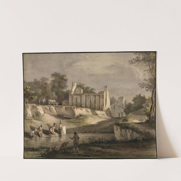 Wäscherinnen an einem Flüsschen, dahinter Hausruine mit antiken Säulen by Jean-Jacques de Boissieu