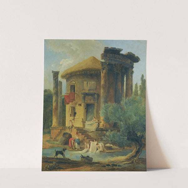 Washerwomen At The Edge Of A River, Beneath A Ruined Circular Temple by Hubert Robert