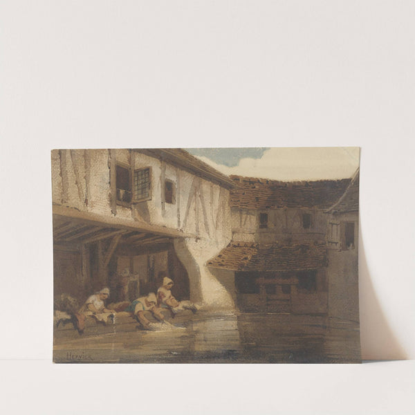 Wassende vrouwen in een open hal van een huizencomplex aan het water by Louis-Adolphe Hervier