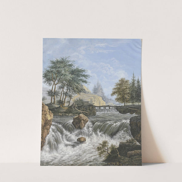 Wasserfall im Gebirge, am Ufer und im Hintergrund Nadelhölzer by Johann David Passavant