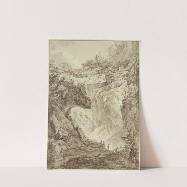 Wasserfall in einer Gebirgsschlucht, im Vordergrund vier Angler by Johann Heinrich Wüest