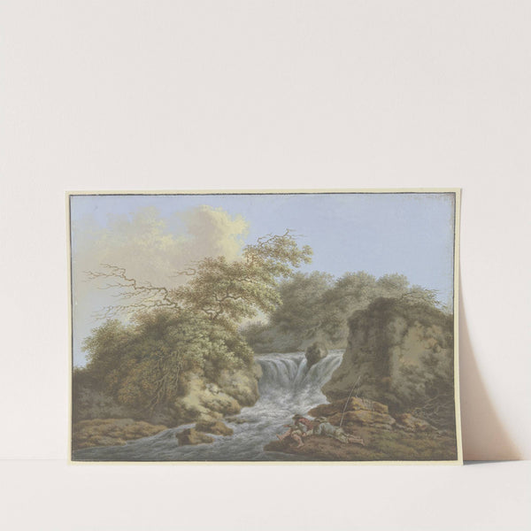 Wasserfall zwischen zwei Felsen, am Ufer rechts zwei Angler by Johann Albrecht Friedrich Rauscher