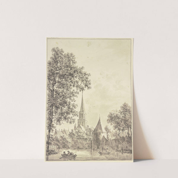 Wassergraben an der Stadtmauer mit einem runden Turm, hinten die Kirche, auf demselben zwei Kähne by Pieter Jan van Liender