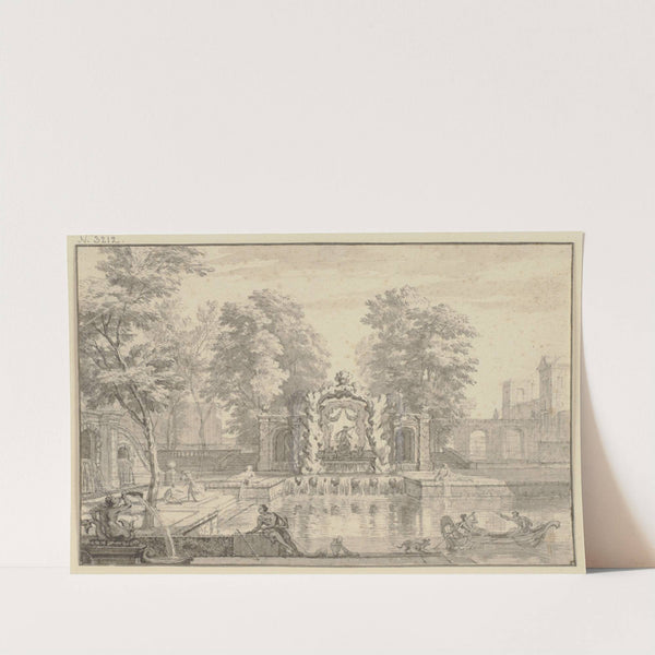 Wasserkunst in einem Park, in der Mitte ein künstliches Felsentor mit einem Neptun, rechts auf dem Teich eine Gondel by Isaac de Moucheron