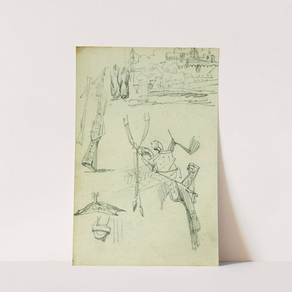 Weapon studies, compositional study of castle scene by Théodore Géricault