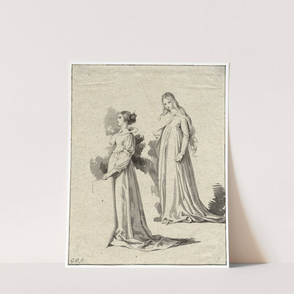 wee vrouwenfiguren van terzijde: in historische kledij by David Humbert de Superville