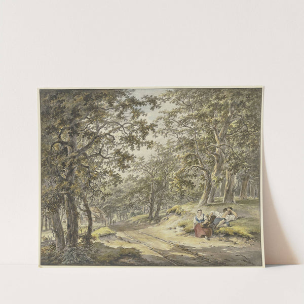 Weg durch den Wald an einem Gehöft vorbei, vorn ein ruhender Bauer und Bäuerin mit ihren Körben by Hermanus van Brussel