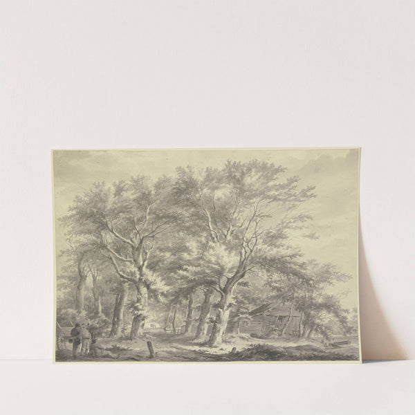 Weg durch einen Wald, rechts eine windschiefe Hütte, links drei Bauern bei einem Wagen by Franciscus Andreas Milatz