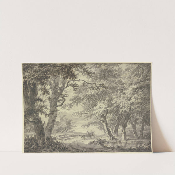 Weg in den Wald, am Weg ein Gatterzaun und ein Bauernwagen mit zwei Pferden by Hermanus van Brussel