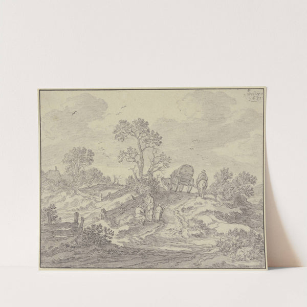 Weg über einen Hügel mit einem Wagen und einem Reiter vorn drei Figuren by Pieter de Molijn