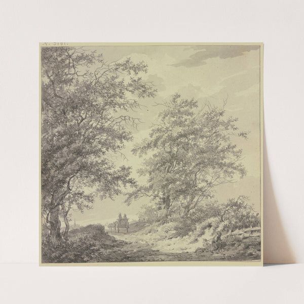 Weg zwischen zwei Baumgruppen mit einem Wagen, rechts am Zaun ein sitzender Mann by Hermanus van Brussel