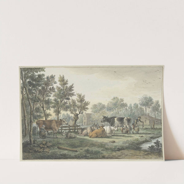 Wei met koeien die gemolken worden by Paulus Constantijn la Fargue