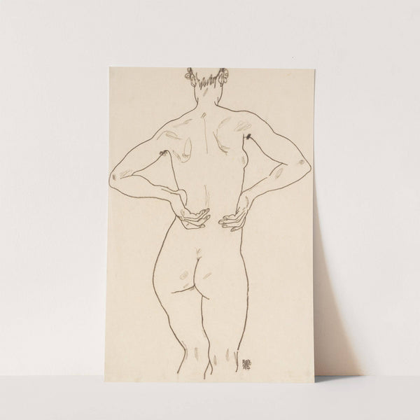 Weiblicher Rückenakt, die Hände auf der Hüfte by Egon Schiele