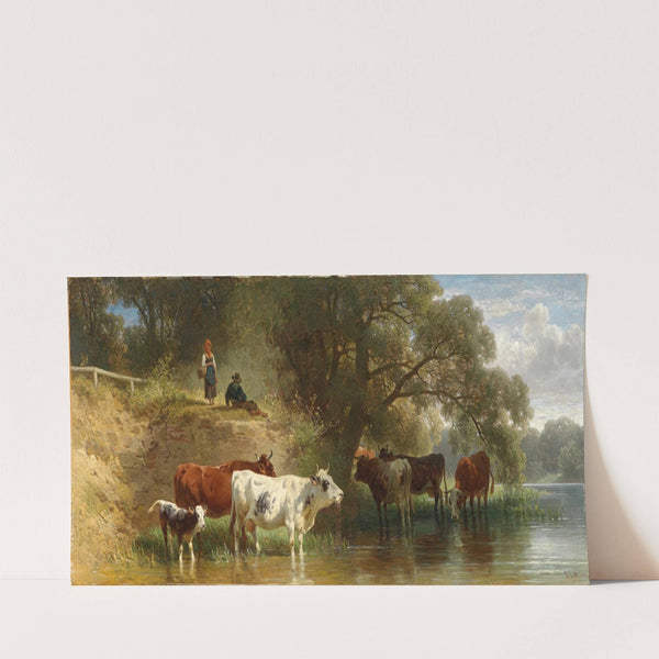 Weidende Kühe am Fluss mit Hirten (1874) by Friedrich Voltz