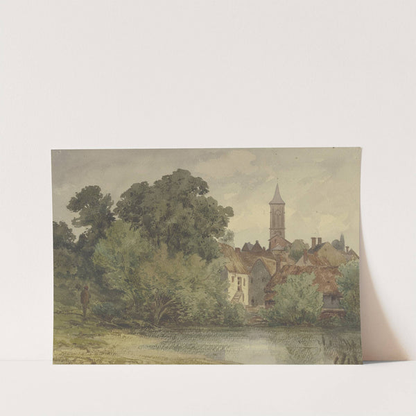 Weiher, dahinter Häuser eines Dorfes mit Kirchturm by Peter Burnitz