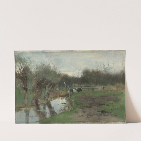 Weiland met liggende koe bij een sloot by Geo Poggenbeek