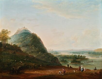 Weinernte vor Wien mit Blick nach Klosterneuburg, den Leopoldsberg, Bisamberg und Korneuburg (1779)