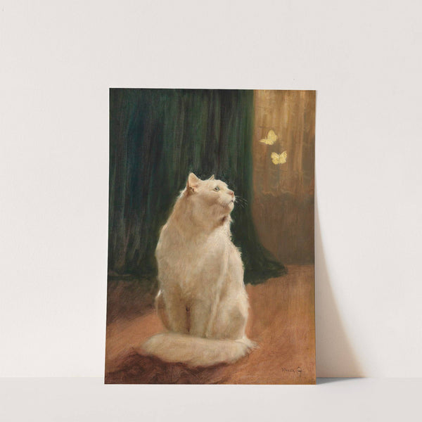 Weiße Katze und zwei Zitronenfalter by Arthur Heyer