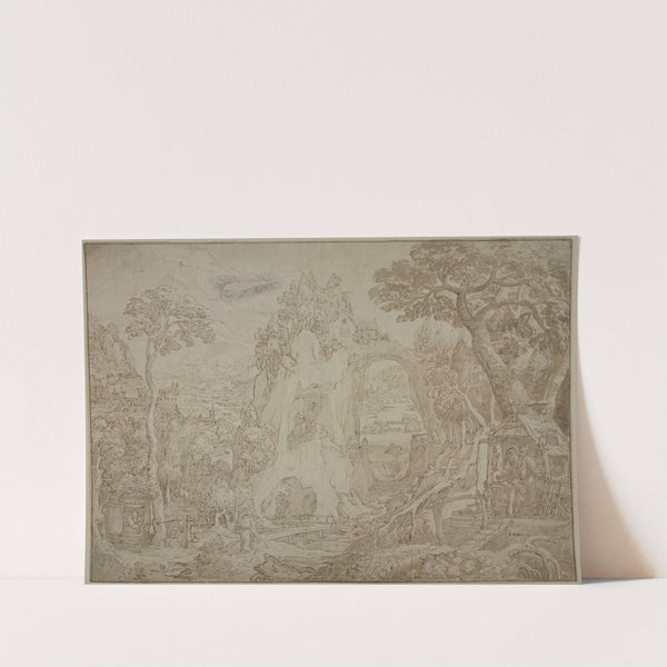 Weite Gebirgs- und Flachlandschaft mit verschiedenen Stationen aus dem Leben eines heiligen Einsiedlers (des Heiligen Antonius) by Maerten De Vos