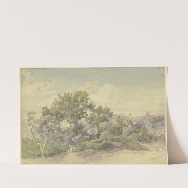 Weite italienische Gebirgslandschaft mit Olevano (1850) by August Lucas