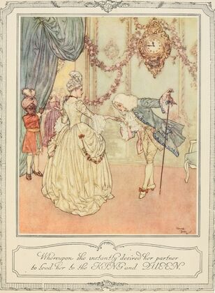 Whereupon she instantly desired her partner to lead her to the King and Queen (1910)