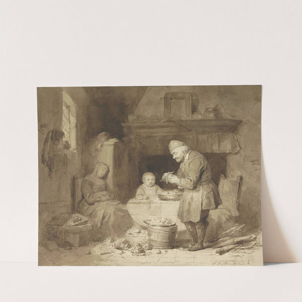 While a woman has fallen asleep, an old man peels potatoes by Ferdinand de Braekeleer