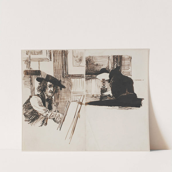 Whistler drawing Poynter; back view of a man seated at a table near a lighted lamp (1860) by Edward John Poynter