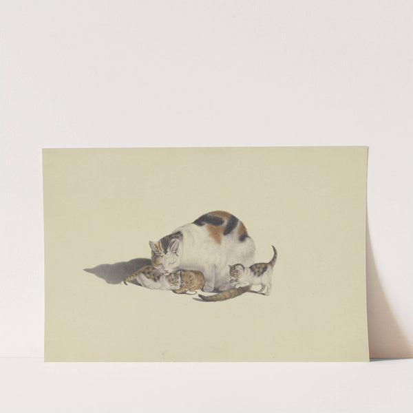 White cat, black and reddish brown spotted, with her three kittens playing with a mouse by Gottfried Mind