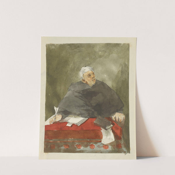 White haired man in black robe, seated at a desk and holding a quill pen by Stewart Watson