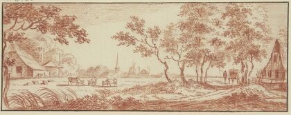 Wiese vor einem Dorf, rechts zwischen Bäumen ein Wagen