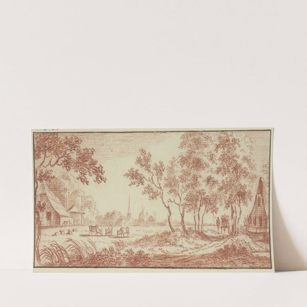 Wiese vor einem Dorf, rechts zwischen Bäumen ein Wagen by Jacob Cats