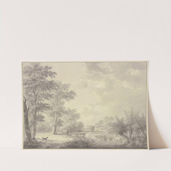 Wiesengrund mit Gebüsch und Bäumen, über einen Graben führt ein Steeg mit einer Tür, rechts drei Weiden by Abraham Teerlink