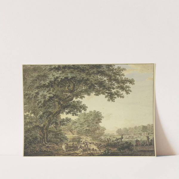 Wiesengrund zwischen dem Wald mit vielem Vieh, vorne ein Schäfer mit seiner Herde, auf einer Brücke rechts ein Angler by Jacob Cats