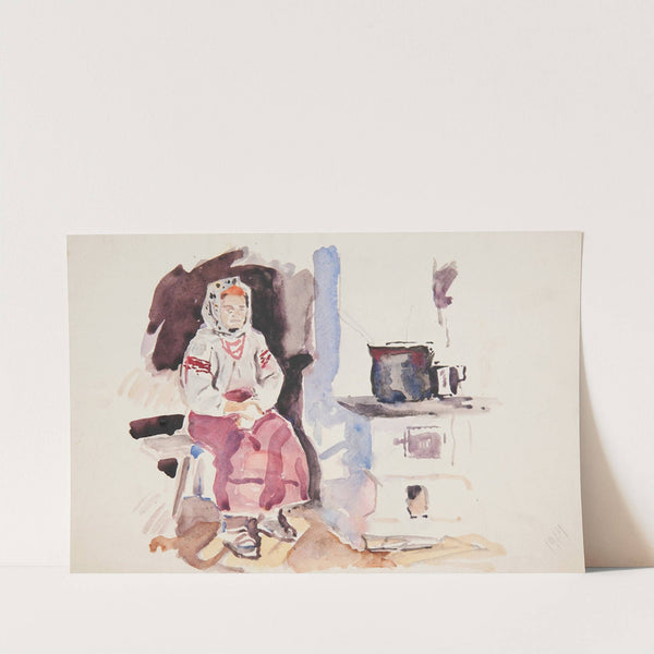 Wieśniaczka w haftowanej białej bluzce i w koralach siedząca w kuchni przy piecu by Ivan Ivanec