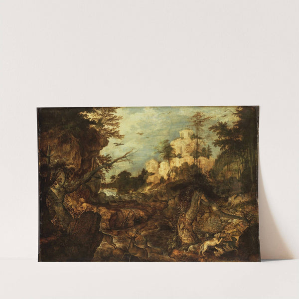Wild boar hunt in a rocky landscape by Roelant Savery