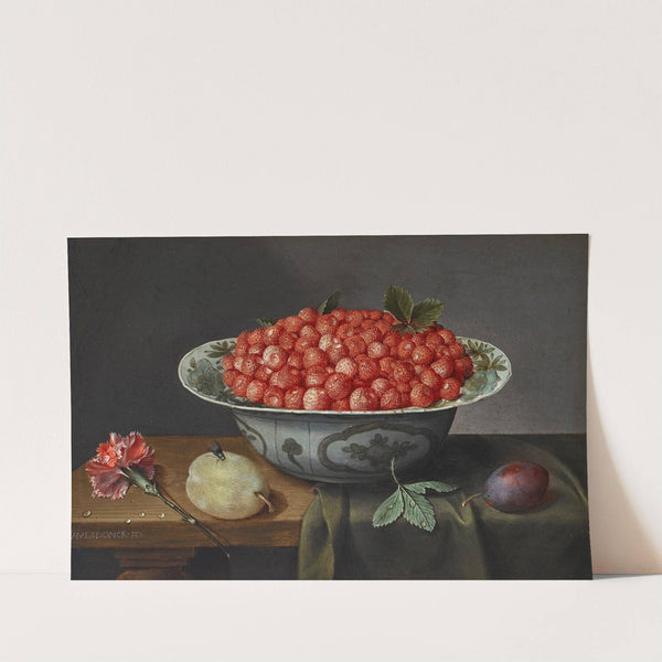 Wild strawberries in a Delftware bowl by Jacob van Hulsdonck
