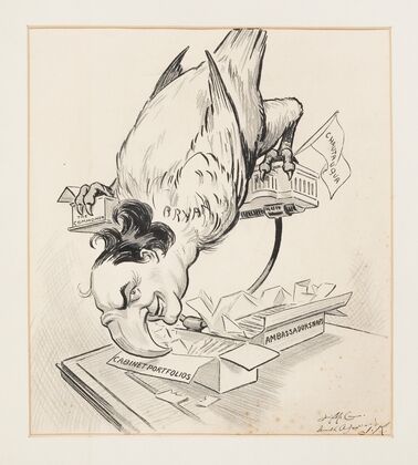 William Jennings Bryan, depicted as a bird, stands on a perch made from buildings representing Chautauqua and the Commoner (1913) — size preview