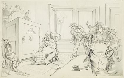 William Jennings Bryan kneels in front of a safe labeled ‘The Presidency’ — size preview
