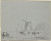 Windmühle am Wasser, vorne zwei Kähne