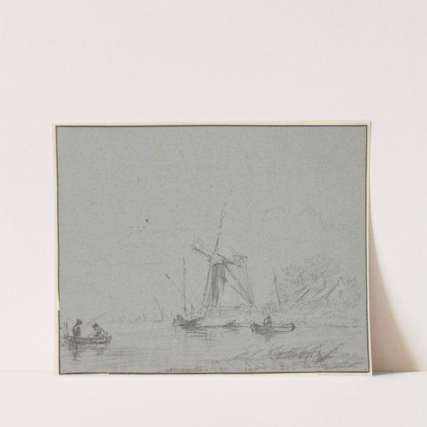 Windmühle am Wasser, vorne zwei Kähne by Jacob van Ruisdael