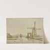 Windmühle auf einem schmalen Damm, vorne drei Enten by Anthonie van Borssom