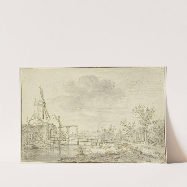 Windmühle auf einer Mauer links, zu der eine Zugbrücke über einen Bach führt by Jan van Goyen