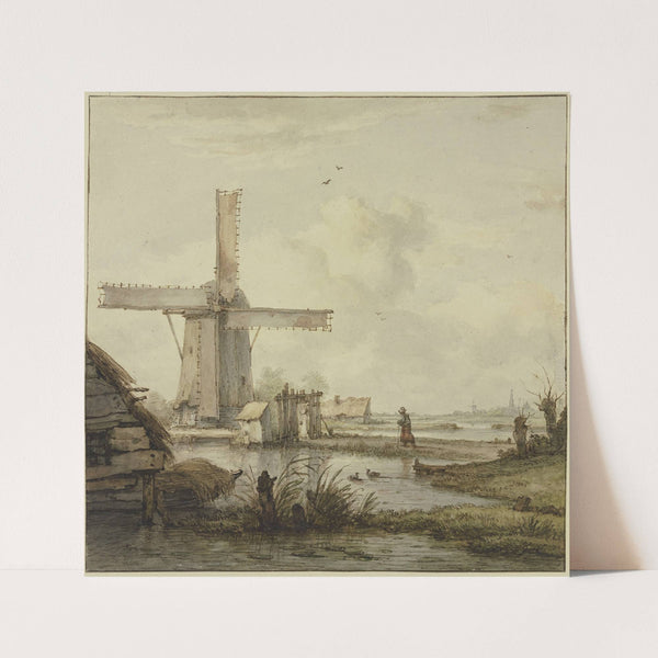 Windmühle vor einer Stadt mit hohem Turm, über einen abgegatterten Damm am Stock schreitend eine Frau by Jan Hulswit