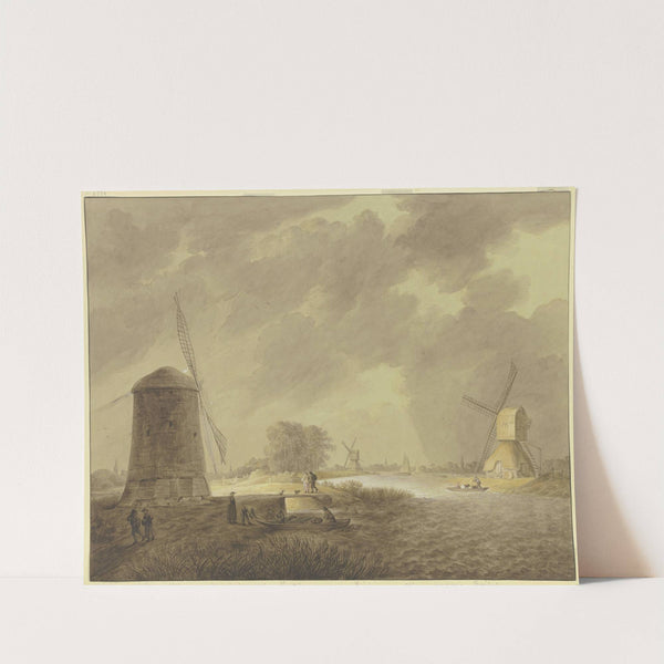 Windmühlen an einem Fluß bei stürmischem trübem Wetter by Ursula Magdalena Reinheimer