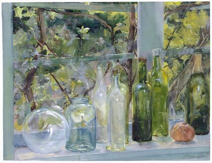 Windowsill with Bottles, a Glass Globe and an Apple