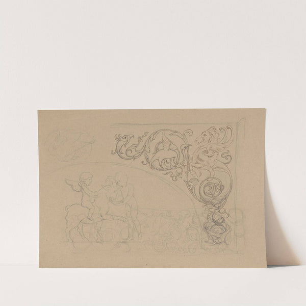 Winged Putto Sitting on a Goat, Child Watering a Goat from a Bowl, Arabesque Ornaments (1870 - 1890) by Hans Thoma