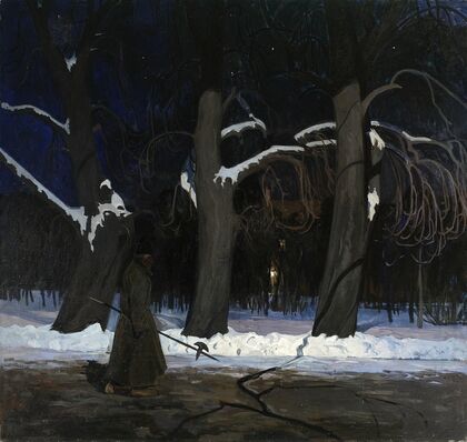 Winter landscape at night with a halberdier